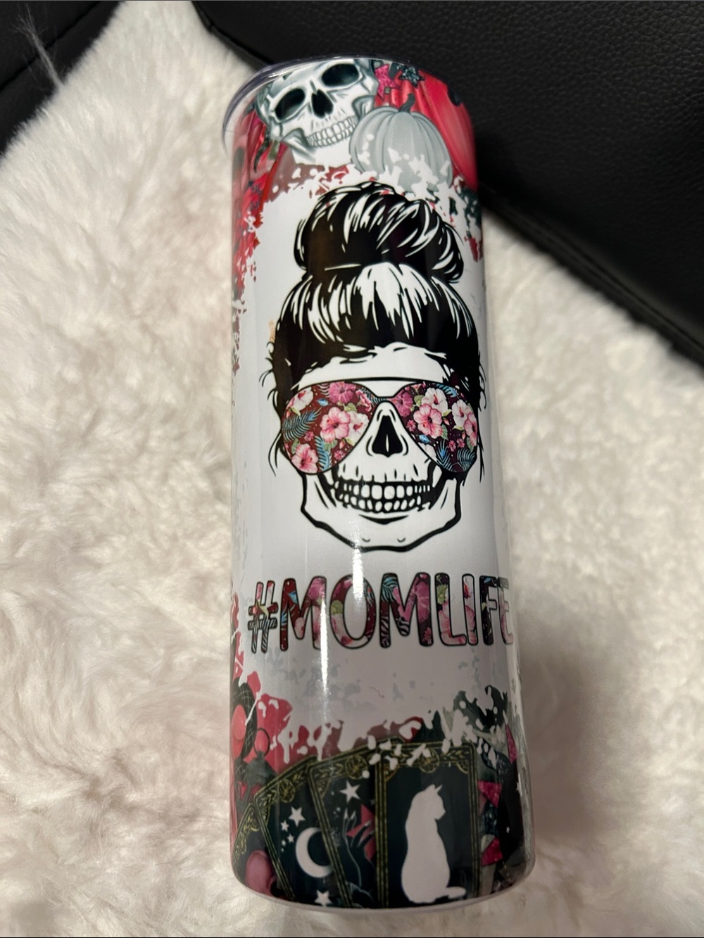 #MOMLIFE Floral Skull Stainless Steel Tumbler - Pink and White